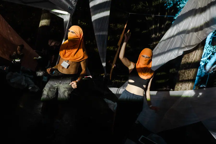 Festivaliers masqués en oie dans la nuit pendant la closing du Belfield Festival 2026